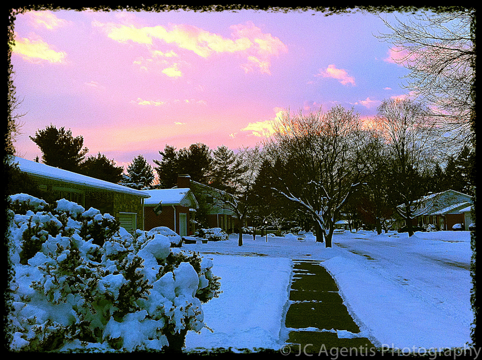 Snowy Neighborhood Street at sunset in Bethlehem Pennsylvania United States taken and processed with the iPhone